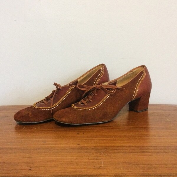 Vintage 30s 40s Lace Up Heels Shoes / 1930s Brown Leather Oxfords / Victorian Granny Shoes / 6 1/2