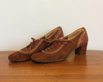 Vintage 30s 40s Lace Up Heels Shoes / 1930s Brown Leather Oxfords / 6 1/2
