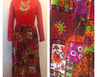 Vintage 60s 70s Red Patchwork Velvet Maxi Dress / Floral Mid Century Hostess Wear
