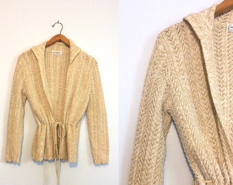 Vintage 70s 0atmeal Crochet Cardigan / Metallic Gold Flecks Cream Sweater w/ Drawstring Waist / Medium