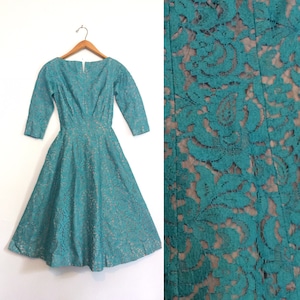 Vintage 50s Blue Lace Dress / Turquoise Circle Skirt Party Dress / Mid Century Cocktail Dress / Extra Small