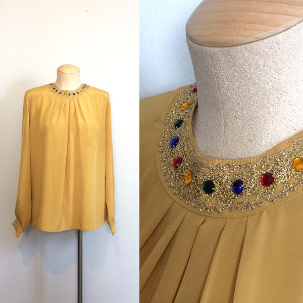Vintage 80s Jeweled Gold Blouse / Ethnic Tribal Silky Secretary Shirt / Boho India Gem Studded Top / Medium or Large