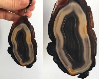 Vintage Agate Slice Large Pendant / Polished Geode Pendant / Boho Hippie Rock Jewelry