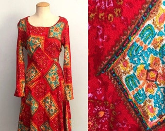 60s Floral Print Dress / Blue Red Flower Print Dress / Hippie Boho Dress / Ruffle Skirt Dress / Mid Century Mod Dress