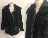 Vintage 60s 70s Black Leather Fur Jacket Persian Lamb Curly Lamb Coat Boho Hippie Mod Winter Coat