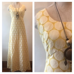 Vintage 60s pretty yellow sunflower crochet maxi dress / yellow polka dot dress / hippie boho dress