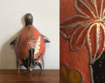 Vintage Metal and Enamel Turtle Figurine / Ethnic Painted Turtle Sculpture / Cloisonne Turtle Paperweight