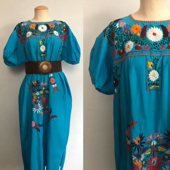 Vintage 60s 70s Blue Embroidered Floral Dress / Mexican Cotton 