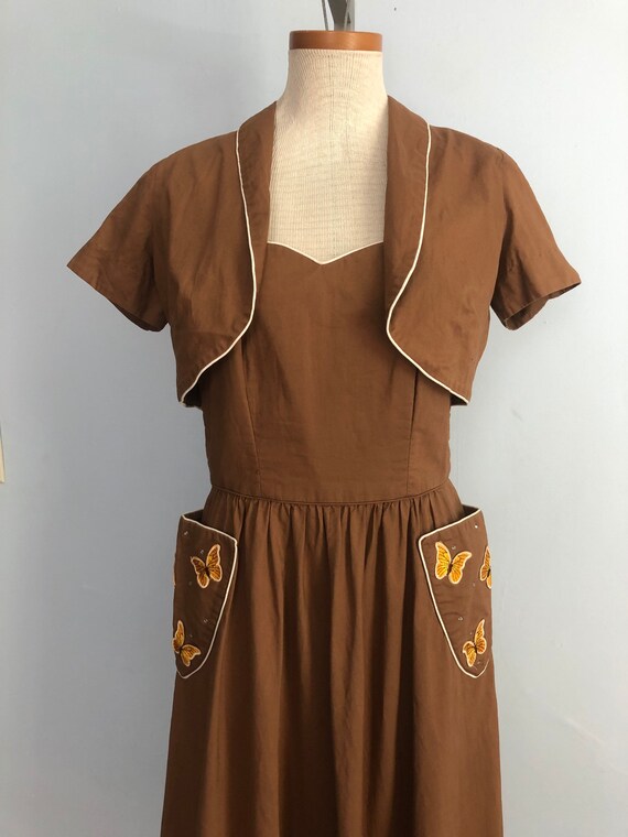 Vintage 50s Butterfly Sun Dress / Brown Full Circ… - image 7