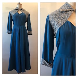 Vintage 1940s Turquoise Cocktail Dress / 40s Blue Dress With Lace / Cutout Mid Century Dress / Pin Up Dress