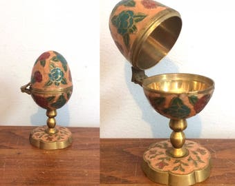 Vintage Brass and Enamel Egg Box / Cloisonne Hinged Ring Box / Metal Egg Trinket Box