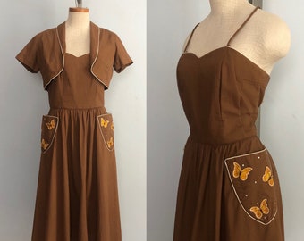 Vintage 50s Butterfly Sun Dress / Brown Full Circle Skirt Summer Dress / Cotton Pin Up Rockabilly Dress