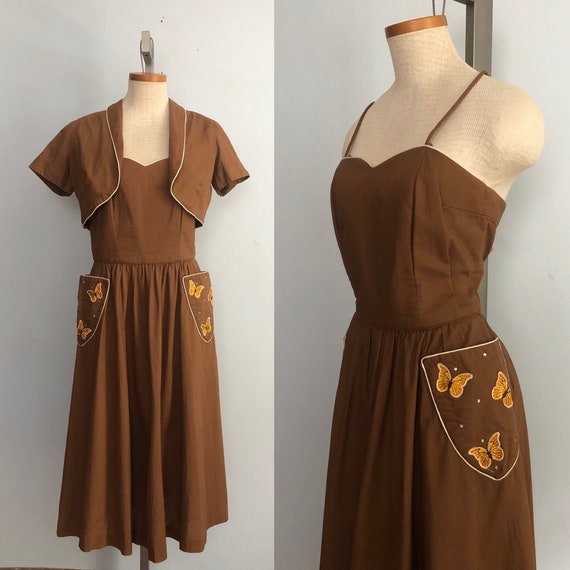 Vintage 50s Butterfly Sun Dress / Brown Full Circ… - image 1