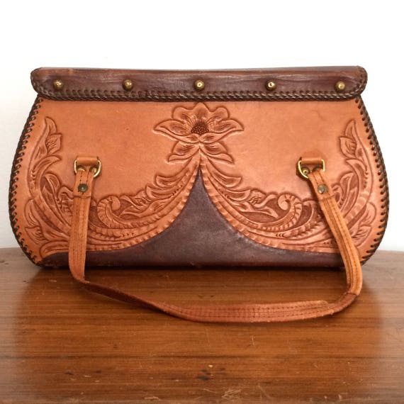 Vintage 70s Tooled Leather Purse / Hippie Boho Le… - image 2