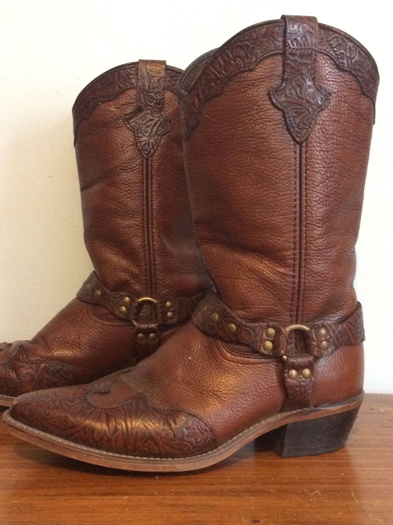 Vintage 80s Western Harness Boots / Tooled Brown Leather Etsy