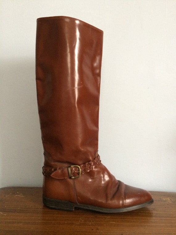 1970er Jahre Hippie Stiefel, groß, braune Lederstiefel, Damen Größe 8,5 1970er Jahre Hippie Stiefel, groß, braune Lederstiefel, Damen Größe 8,5