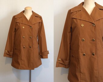 Vintage 60s Short Trench Coat / Brown Spring Jacket / Mid Century Pea Coat / Small or Medium