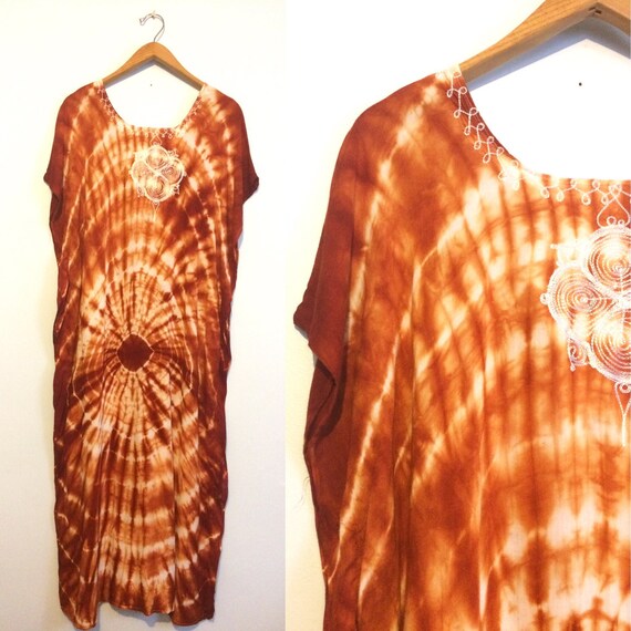 Vintage 60s 70s Hippie Caftan Dress / Rust Brown … - image 1