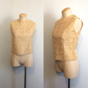 Vintage 50s Sleeveless Lace Blouse / Ivory Cream Lace Top / Pin Up Shirt / Small