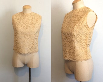 Vintage 50s Sleeveless Lace Blouse / Ivory Cream Lace Top / Pin Up Shirt / Small