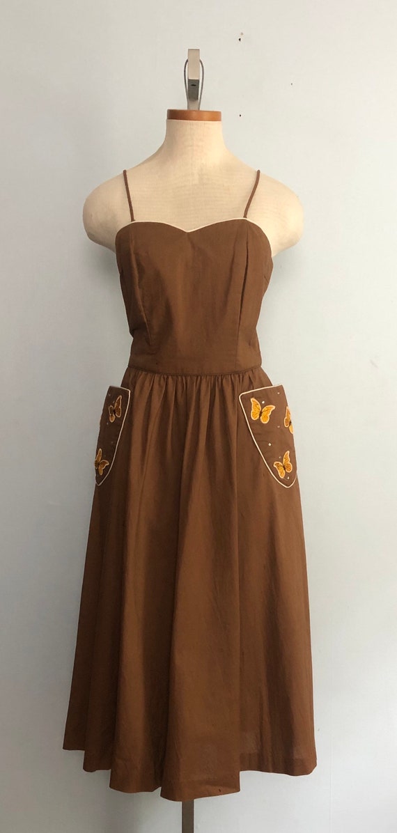 Vintage 50s Butterfly Sun Dress / Brown Full Circ… - image 5