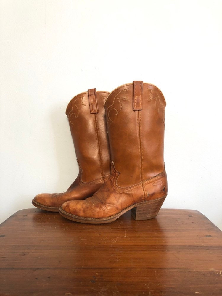 vintage 80s   Lagrange Square Toe  Distressed Cowboy LEATHER Boots STUDDED DESIGNS sz 10 mens