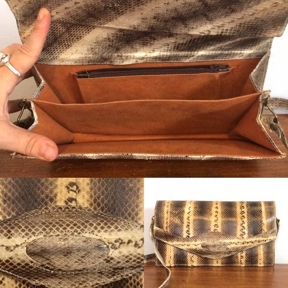 Vintage 70s Snakeskin Purse / Cream Black Reptile… - image 5