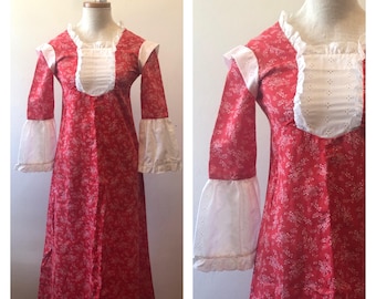 Vintage 60s 70s Red Boho Hippie Prairie Dress / Bell Sleeves Eyelet Trim / X Small