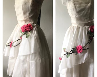 Vintage 50s Rose Chiffon Party Dress, Mid Century Ball Gown