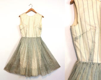 Vintage 50s Sheer Party Dress / Metallic Stripes Light Blue Dress / Rockabilly Pin Up Dress / Mid Century Cocktail Dress