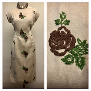 Vintage 50s 60s floral wiggle dress / Brown embroidered flower dress / floral pencil dress