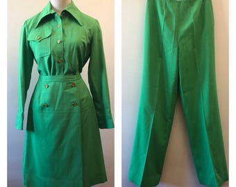 Vintage 70s Green Skirt Suit with Pants, 3-Piece Outfit