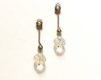 Vintage 70s Crystal Ball Dangle Earrings / Boho Hippie Long Drop Earrings / Clip Earrings