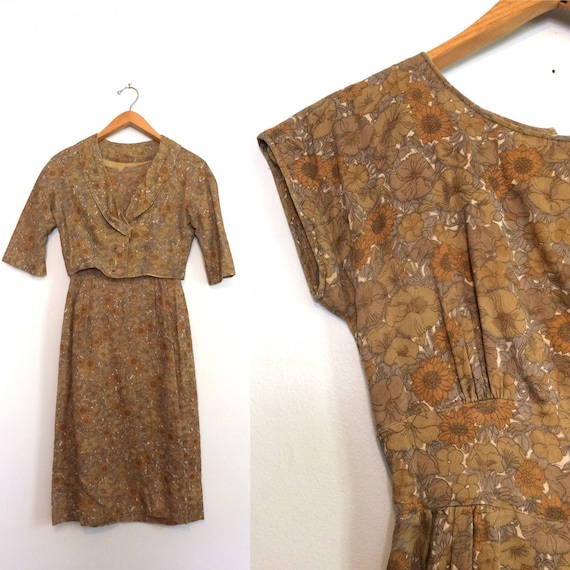 Vintage 60s Day Dress w/ Jacket / Brown Cotton Flo
