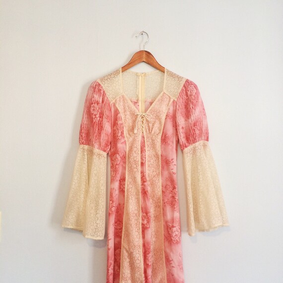 Vintage 70s Hippie Bell Sleeve Corset Dress / Festival Pink & | Etsy