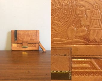 Vintage 70s Tooled Leather Mexican Wallet / Indian Head  Aztec Design Wallet / Hippie Boho Western Billfold