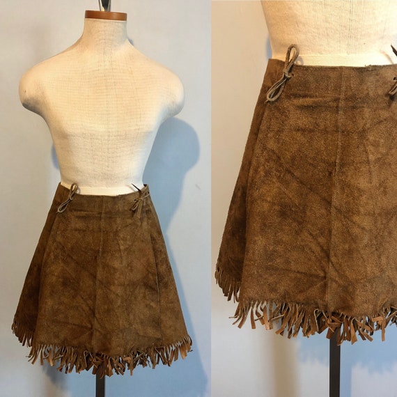 Vintage 60s 70s Suede Fringe Mini Skirt / Hippie F