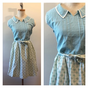 1930s 1940s Cotton Blue Polka Dot Day Dress / Vintage Novelty Print Dress