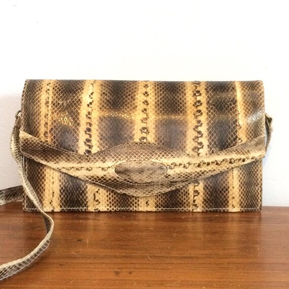 Vintage 70s Snakeskin Purse / Cream Black Reptile… - image 3