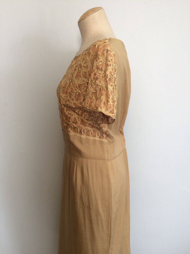 Vintage 60s Crochet Ribbon and Linen Wiggle Dress Pin Up Tan Woven Dress Plus Size Mid Century Cocktail Dress Large