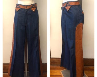 Vintage 60s 70s Bell Bottoms / Denim Leather Patchwork Jeans / 1970s Hippie Festival Wide Leg Jeans