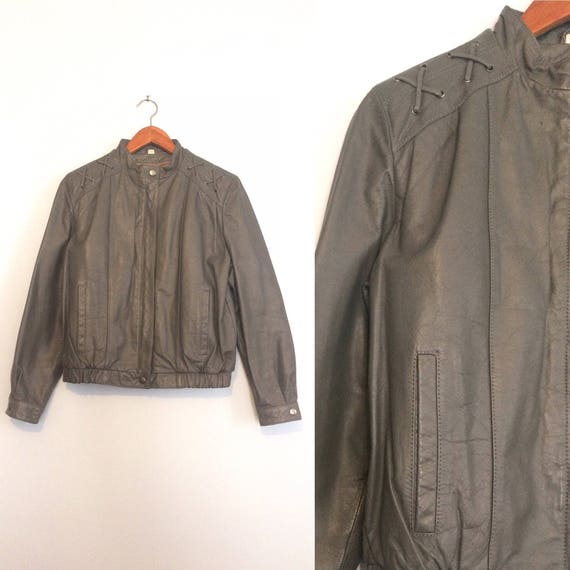 Vintage 80s Grey Leather Moto Jacket / Leather Ca… - image 1