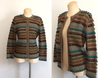 Vintage 60s Nubby Cardigan Sweater / Earth Tone Textured Loop Sweater / Boho Embroidered Crochet Cardigan / Small or Medium