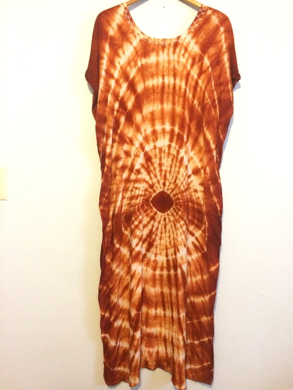 Vintage 60s 70s Hippie Caftan Dress / Rust Brown … - image 5