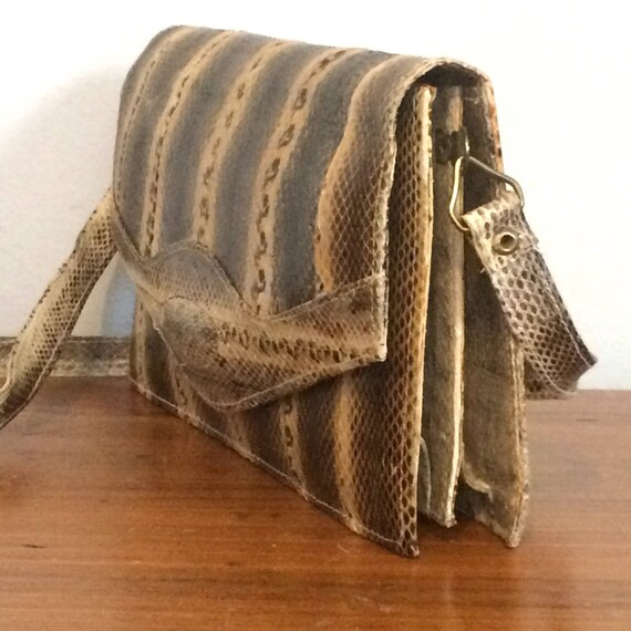 Vintage 70s Snakeskin Purse / Cream Black Reptile… - image 4