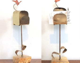Vintage Metal Marble Mailbox Figurine / Business Card Holder / Mid Century Mailbox Sculpture