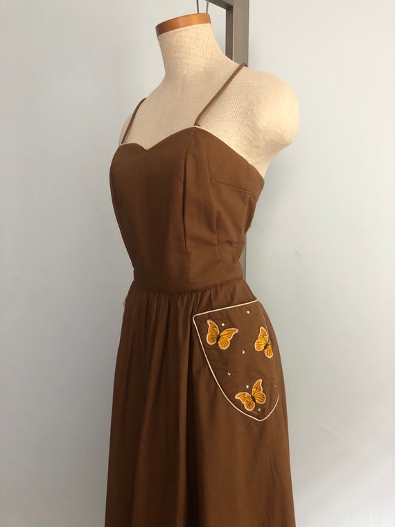 Vintage 50s Butterfly Sun Dress / Brown Full Circ… - image 3