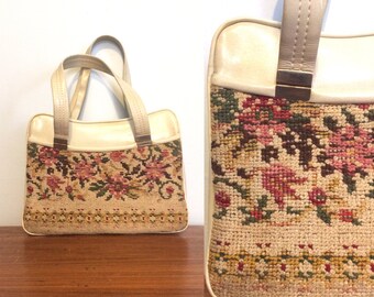 Vintage 60s Tapestry Purse / Mid Century Floral Carpet Bag / Needlepoint Embridered Handbag