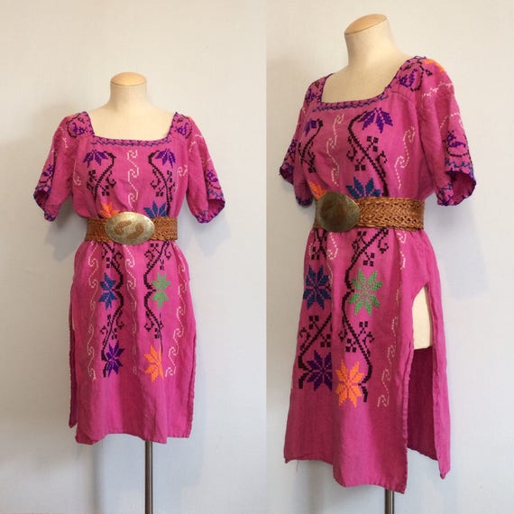 Vintage 70s Pink Ethnic Tunic Dress / Embroidered… - image 1