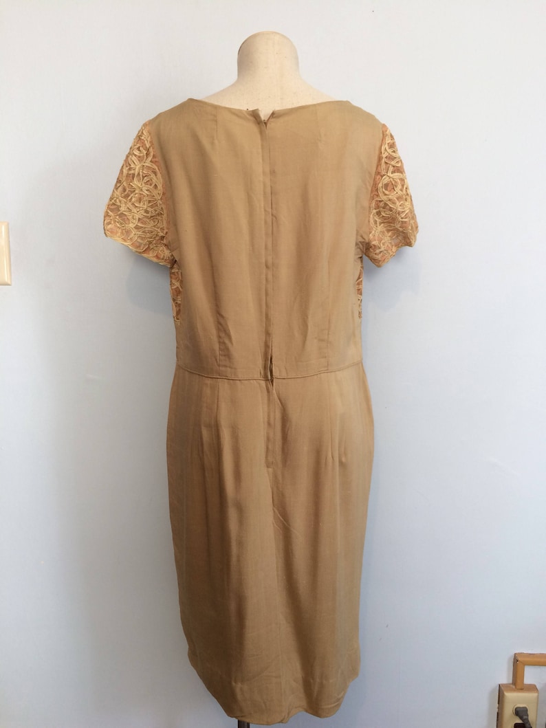 Vintage 60s Crochet Ribbon and Linen Wiggle Dress Pin Up Tan Woven Dress Plus Size Mid Century Cocktail Dress Large